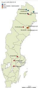 En karta på Sveriges som visar var alla landets gruvor är belägna